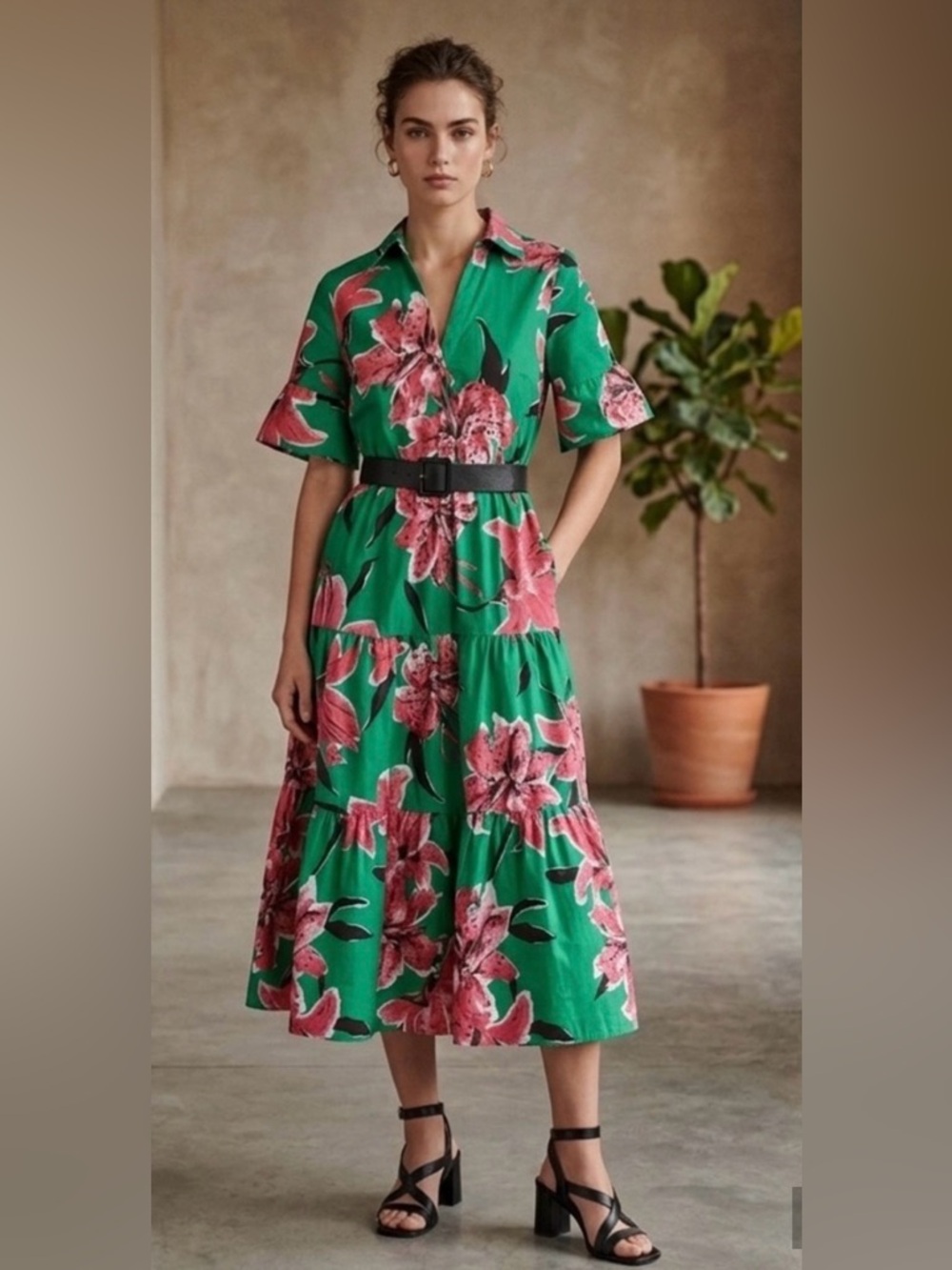 Zara Green Midi Dress with Pink Floral Print . Size XS NWOT.